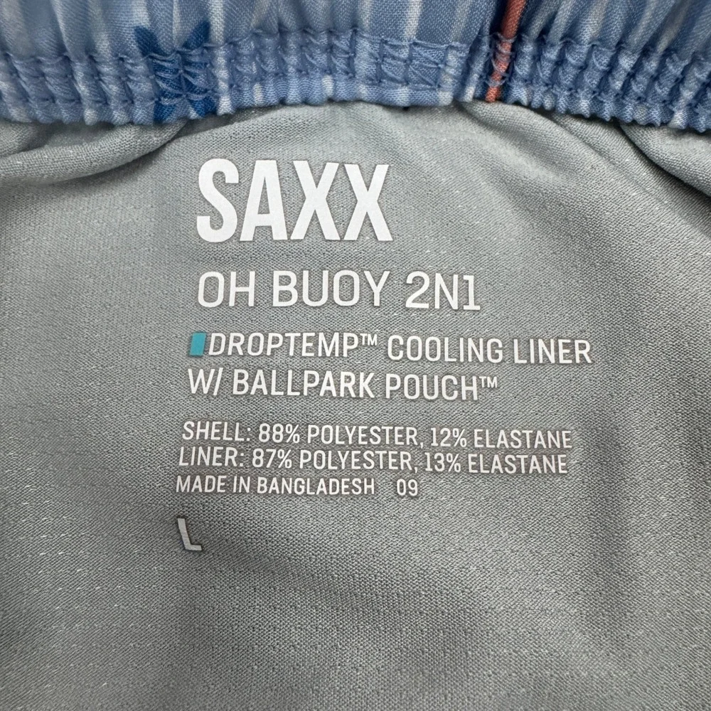 Saxx Swim Shorts Mens Large Blue Striped Oh Buoy 2N1 BallPark Pouch Palm Tree